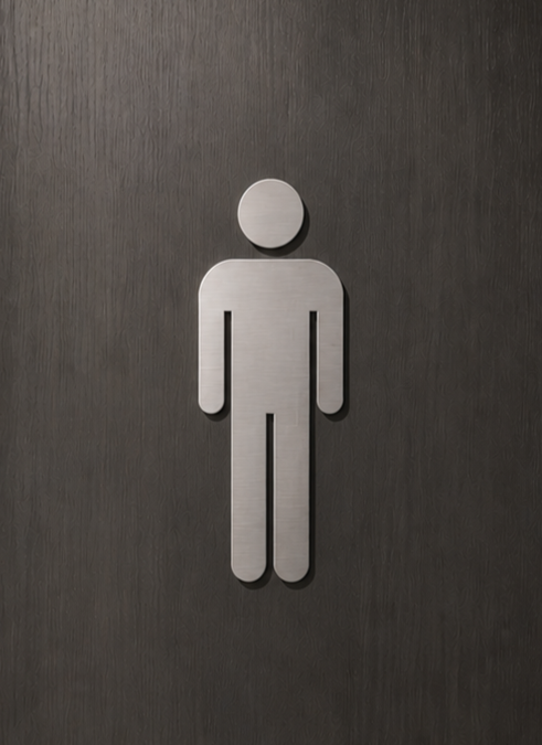 DUROSIGN WASHROOM SIGN FOR MEN - STAINLESS STEEL HAIRLINE FINISH CUTOUT WITH ACRYLIC BACKING