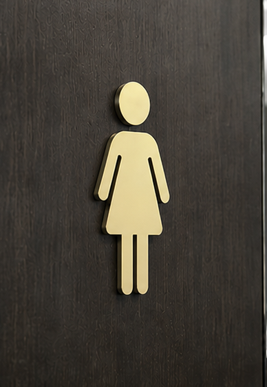 DUROSIGN WASHROOM SIGN FOR WOMEN - STAINLESS STEEL GOLD HIGH GLOSS FINISH CUTOUT WITH ACRYLIC BACKING